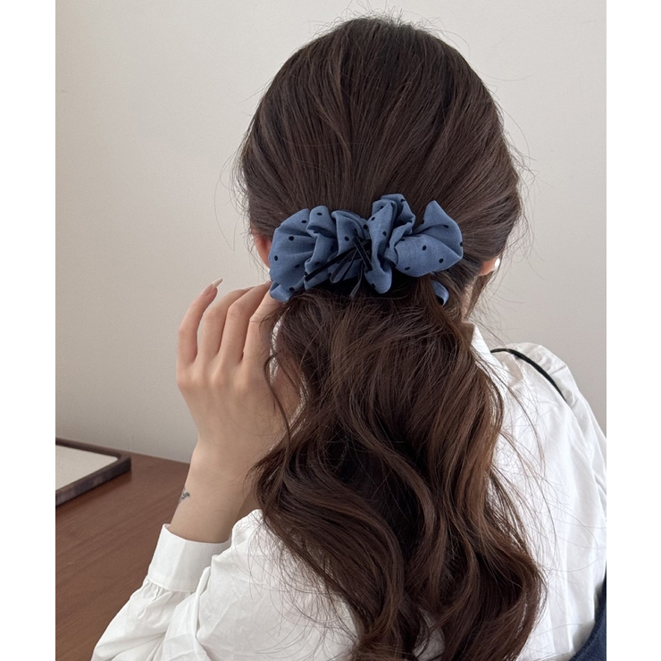 ダークブルー | ドット柄 フリルリボン バナナクリップ | Miniministore