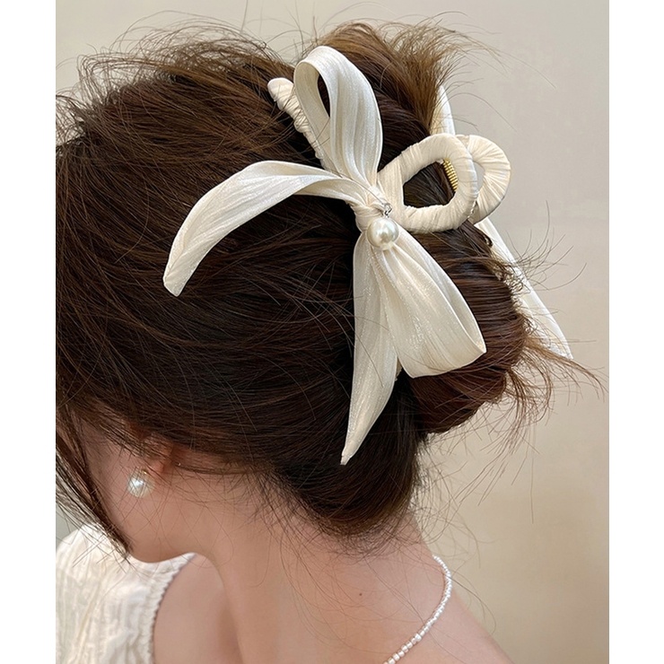 オフホワイト | リボンヘアクリップ パール飾りレディース | Miniministore