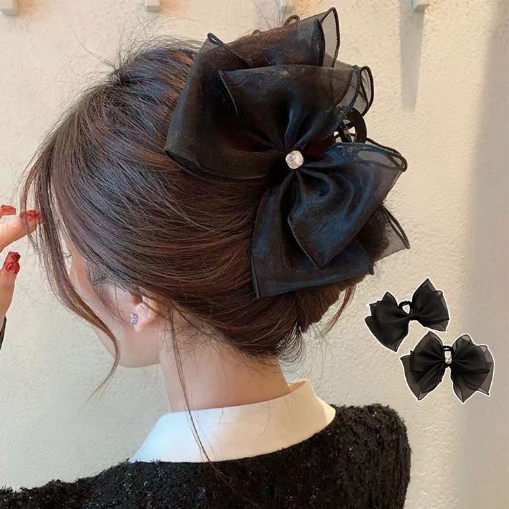 リボンヘアクリップ 大きめ黒 レディース[品番：II000010664
