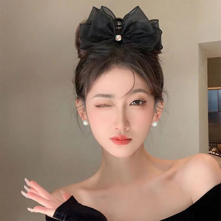 リボンヘアクリップ 大きめ黒 レディース[品番：II000010664