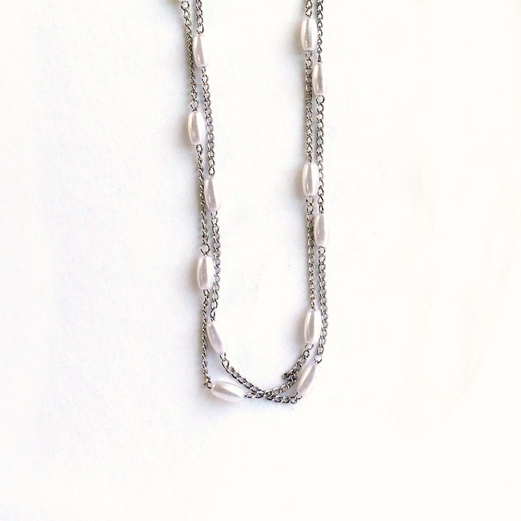 シルバー | 楕円パール2連チェーンネックレス | monamona