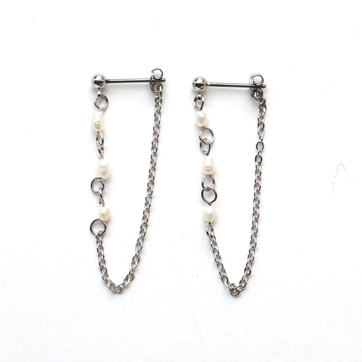 シルバー | 淡水パールチェーンピアス3粒タイプ | monamona