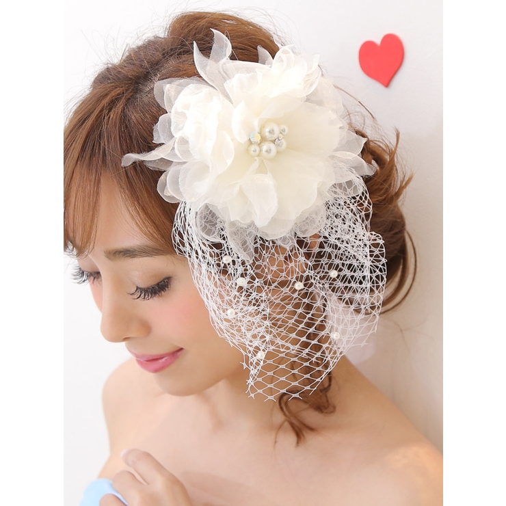 ビッグフラワー×ネットレースヘアクリップヘアアクセサリーブライズメイドパールホワイトピンクブルーワンカラーReticaレティカ