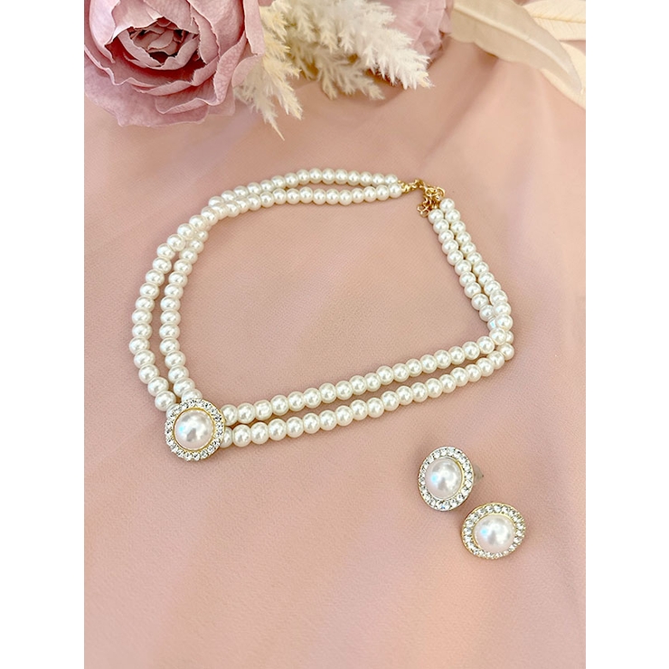 二連パール×ビジューネックレス＆ピアスセット アクセサリーセット | Retica | 詳細画像2 