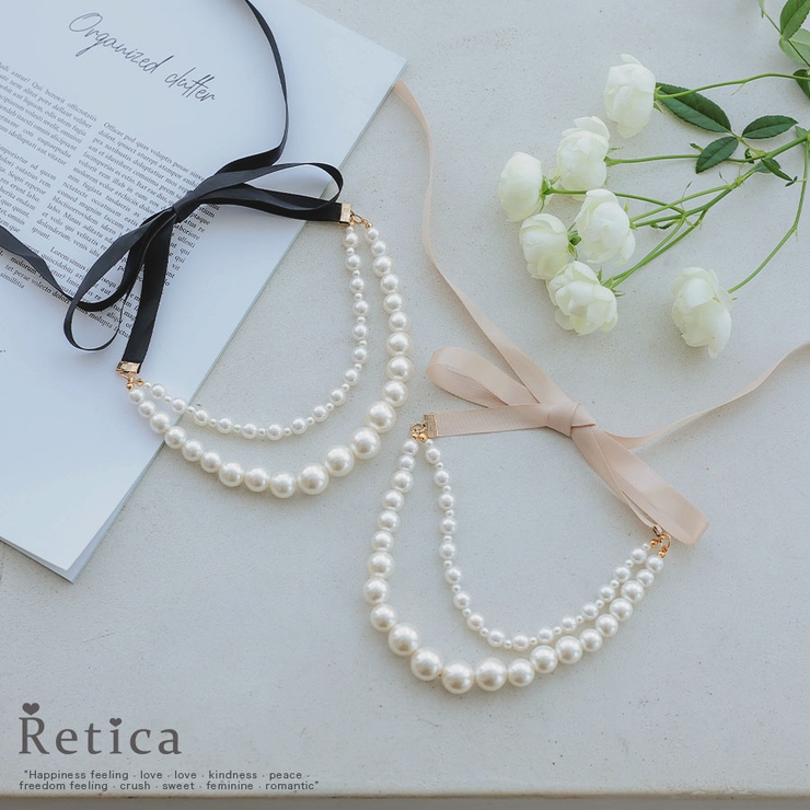 大小パール×リボンネックレス 韓国アクセサリー 二連ネックレス | Retica | 詳細画像1 