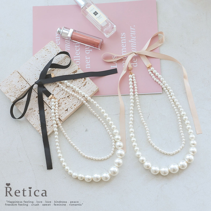 ホルターリボン2連大小パールネックレス 韓国アクセサリー パーティードレス小物 | Retica | 詳細画像1 
