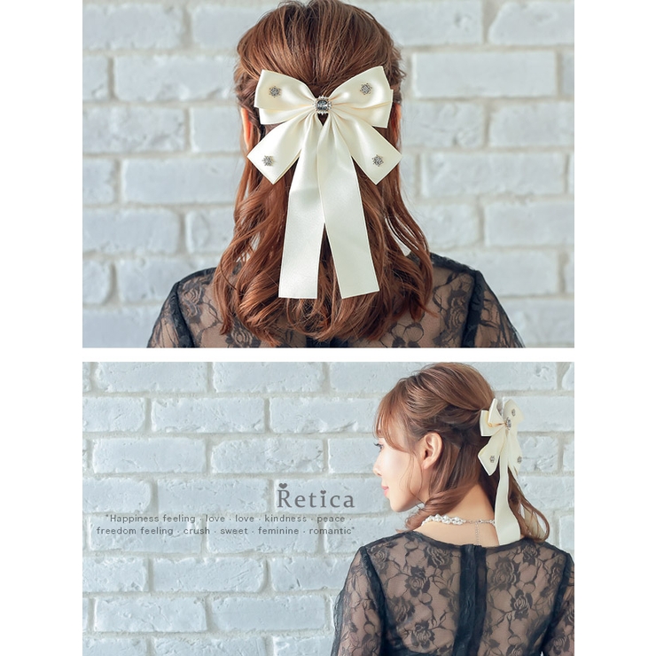 ビジュパーツ付きビッグリボンバレッタヘアアクセサリー髪飾りパーティードレス小物ブラックアイボリー韓国Reticaレティカ