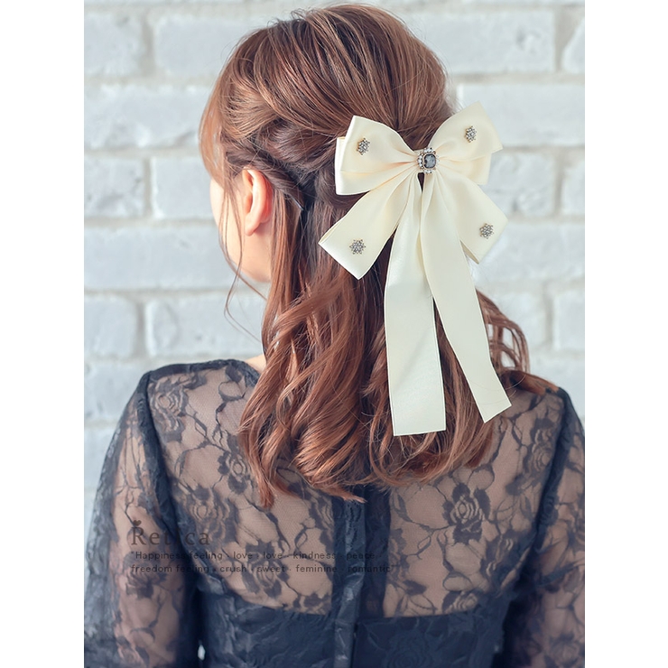 ビジュパーツ付きビッグリボンバレッタヘアアクセサリー髪飾りパーティードレス小物ブラックアイボリー韓国Reticaレティカ