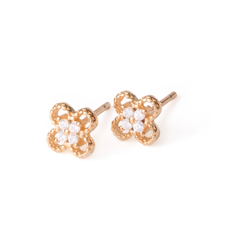 ピンクゴールド | ピアス 金属アレルギー対応 つけっぱなし ダイヤ 四つ葉 18k 小さめ | Noelmarket