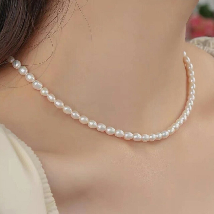 楕円形 淡水真珠可動型ネックレス - ネックレス