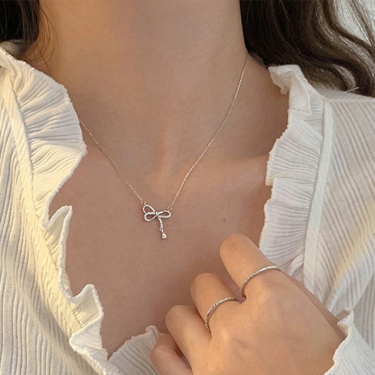 リボンデザインシルバーネックレス シルバー925 ジルコニア[品番