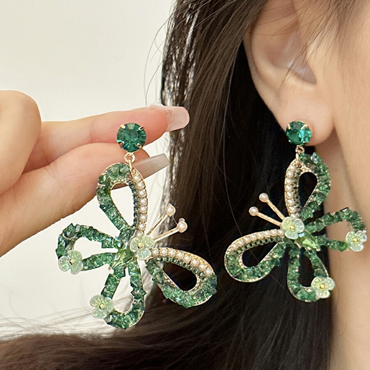 大ぶりバタフライビジューピアス ポスト部分:S925 存在感抜群[品番