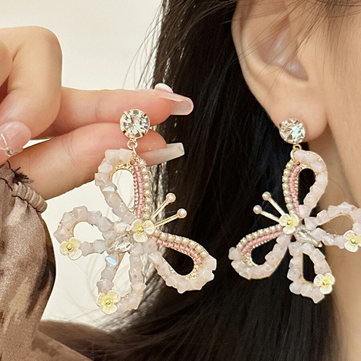 大ぶりバタフライビジューピアス ポスト部分:S925 存在感抜群[品番