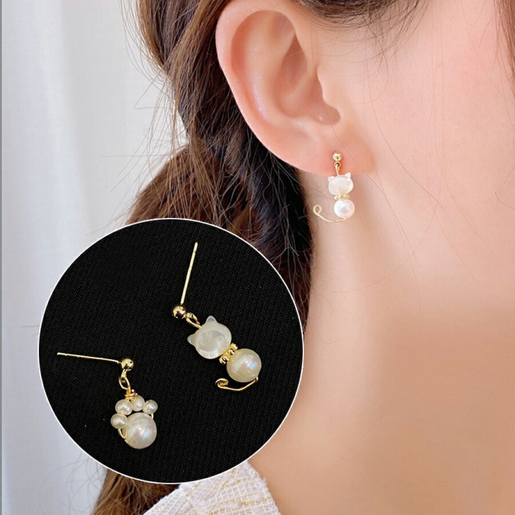 猫 肉球モチーフ淡水パールピアス イヤリング[品番：XL000003056