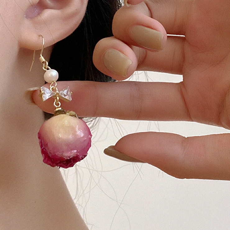 リアルローズドライフラワー風リボンピアス 存在感抜群 パーティー | SLENDER | 詳細画像2 