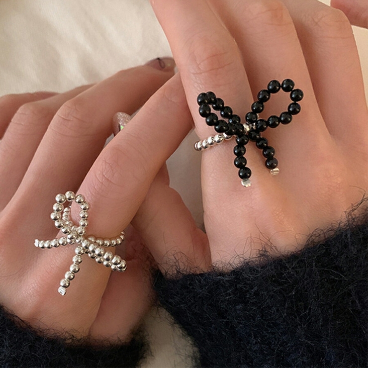 【はこぽす対応商品】 リボンモチーフビーズリング シルバー ブラック[品番 アクセサリー