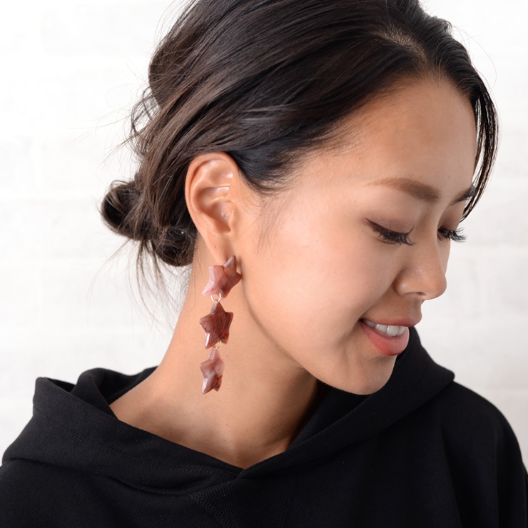 べっ甲風3連ビッグスターピアス レディース アクセサリー[品番