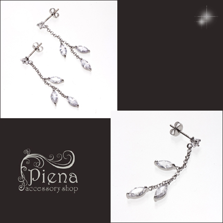 リーフモチーフピアス キュービックジルコニア３粒が耳元でキラキラ揺れるぶら下がり… | アクセサリーショップPIENA | 詳細画像2 