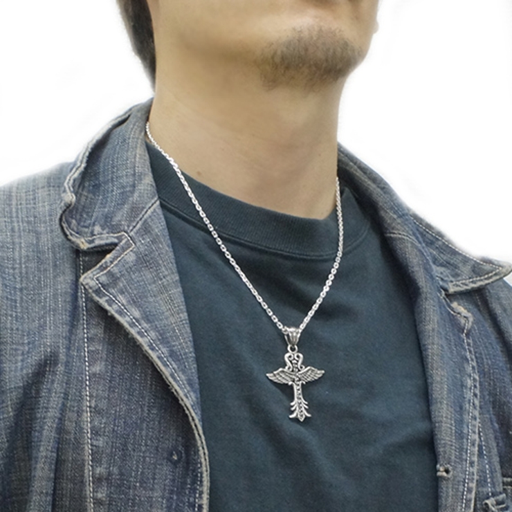 シルバー925製 翼の生えた十字架ネックレス 50cmチェーン[品番