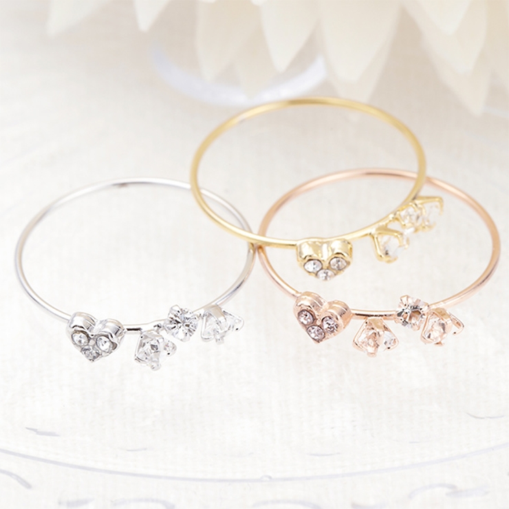 ピンキーリング ハートと3粒ストーンリング ラインストーン | アクセサリーショップPIENA | 詳細画像1 