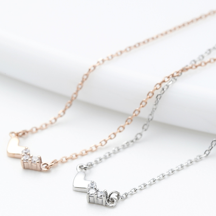ダブルハートネックレス キュービックジルコニア3粒のハートネックレス+メタルハー… | アクセサリーショップPIENA | 詳細画像1 