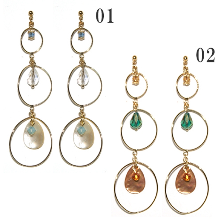 ３連リングの中にスワロとシェルが揺れる ロング系 napaピアス | アクセサリーショップPIENA | 詳細画像1 