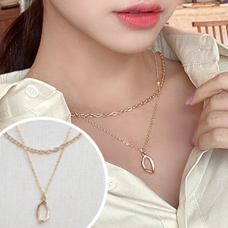 【期間限定特価】 ロックサークルダブルチェーンネックレス レイヤード 重ね付け風 アクセサリー