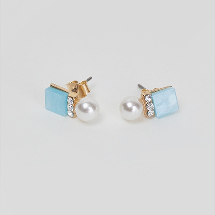 Blue | スクエアビジュー＆パールピアス カラフル 異素材MIX | PREMIUM K