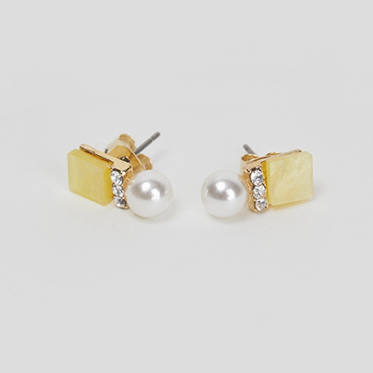 Yellow | スクエアビジュー＆パールピアス カラフル 異素材MIX | PREMIUM K