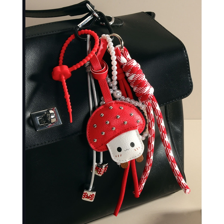 レッド | 【大人気】 きのこ リボン バッグチャーム キーリング 赤 ハート 韓国系 | RAKUku