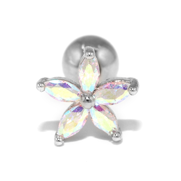 シルバー | 軟骨ピアス フラワー花ジュエル オーロラストレートバーベル | ボディピアス専門店凛RIN