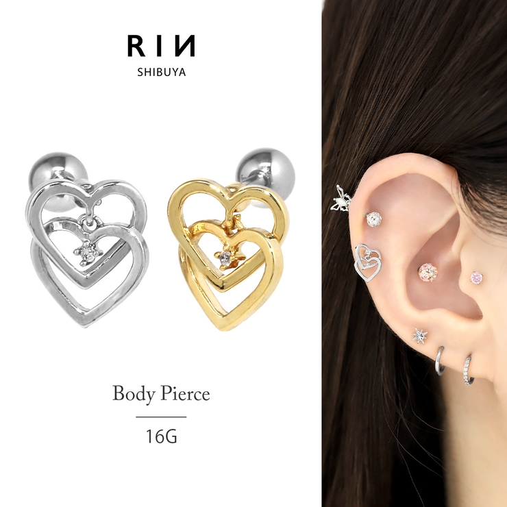 軟骨ピアス Wハートフレーム揺れるプチジュエルストレートバーベルボディピアス キ… | ボディピアス専門店凛RIN | 詳細画像1 