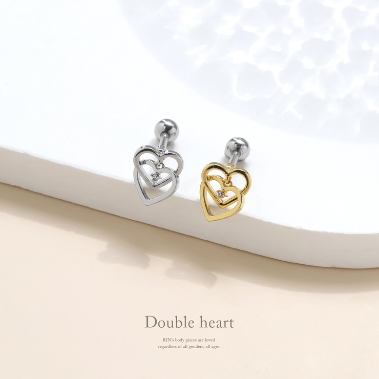 軟骨ピアス Wハートフレーム揺れるプチジュエルストレートバーベル