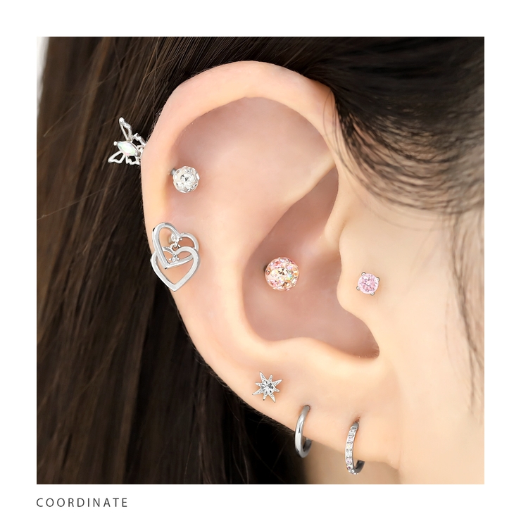 軟骨ピアス Wハートフレーム揺れるプチジュエルストレートバーベルボディピアス キ… | ボディピアス専門店凛RIN | 詳細画像4 