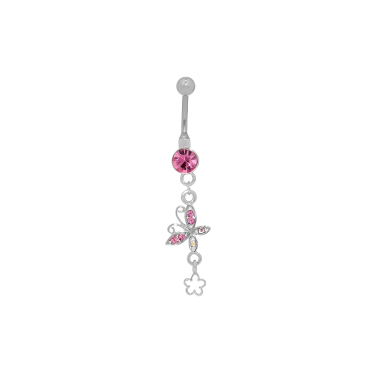 シルバー・ピンク | へそピアス かわいいバタフライ花ちょうちょ揺れるキラキラ ボディピアス | ボディピアス専門店凛RIN