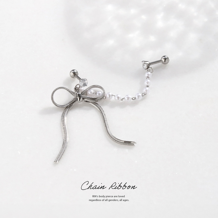 軟骨ピアス リボンパール チェーンキュービックジルコニア真珠ストレートバーベル2… | ボディピアス専門店凛RIN | 詳細画像2 