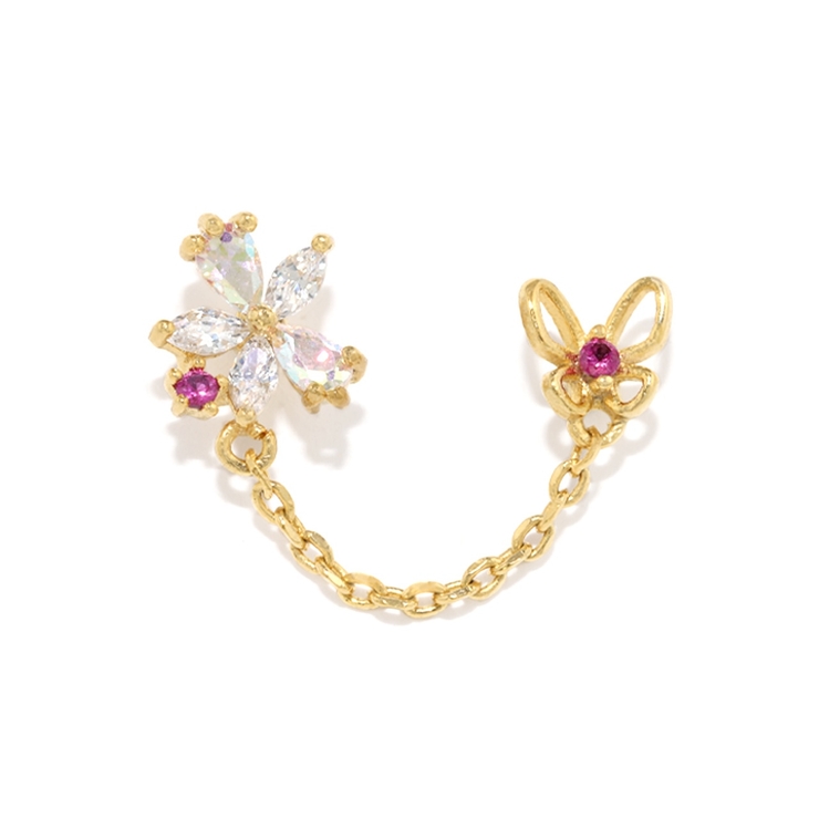 ゴールド | 軟骨ピアス 蝶々ジュエル桜花フラワーバタフライチェーンキュービックジルコニア ボ… | ボディピアス専門店凛RIN