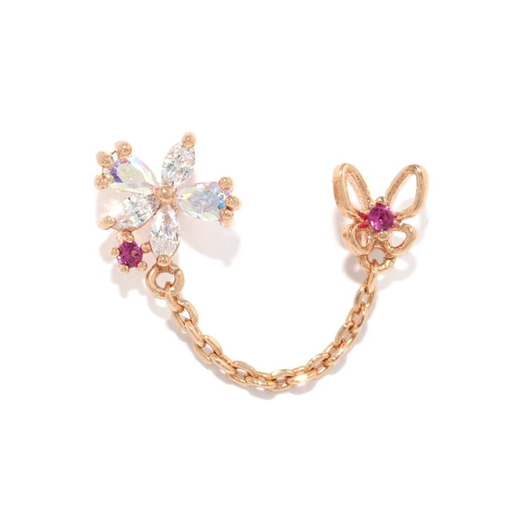 ピンクゴールド | 軟骨ピアス 蝶々ジュエル桜花フラワーバタフライチェーンキュービックジルコニア ボ… | ボディピアス専門店凛RIN