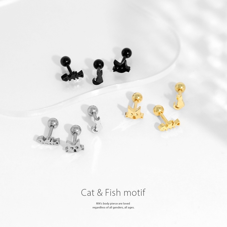 軟骨ピアス ネコサカナ猫魚かわいいねこ魚の骨シルエット ボディピアス | ボディピアス専門店凛RIN | 詳細画像2 