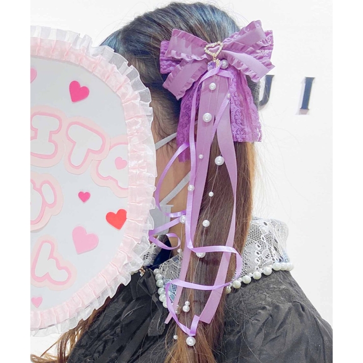 ♡カールリボン♡紫 パールガーランド 量産型 ヘアメ - ヘアアクセサリー