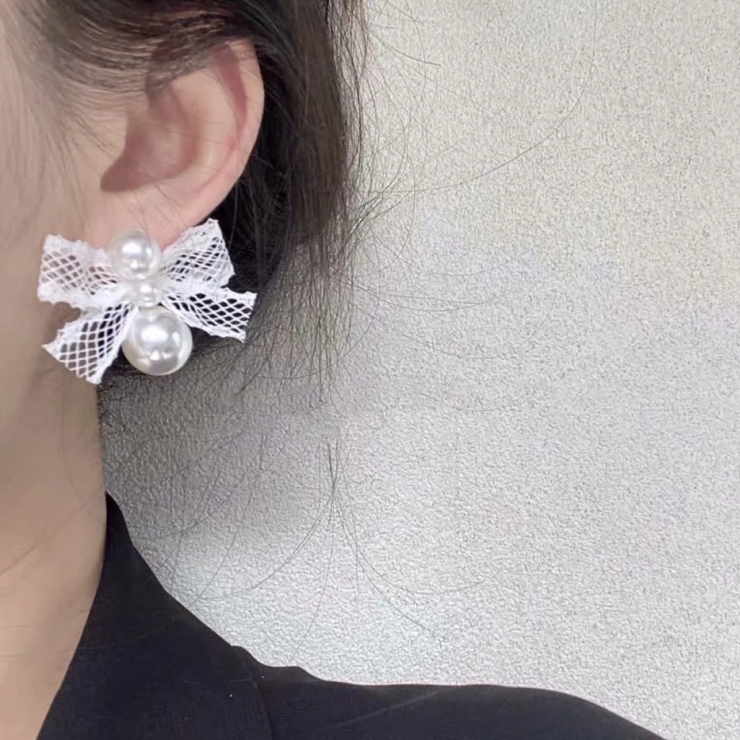 ホワイト | パールピアス リボン レース | shoppinggo