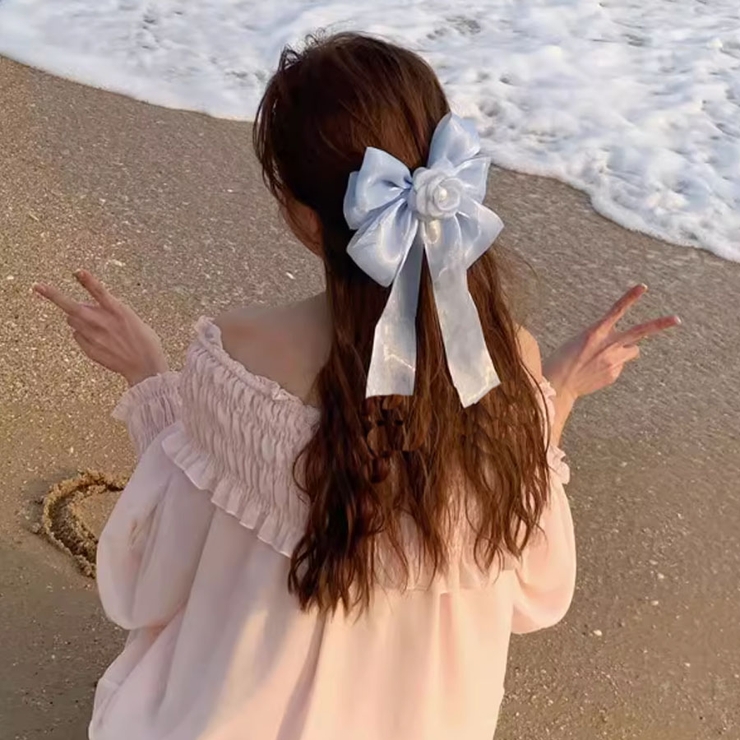 リボンバレッタ パールヘアクリップ ヘアアクセ[品番