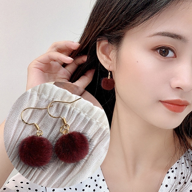 ワインレッド | ピアス ふんわり ポンポン | shoppinggo