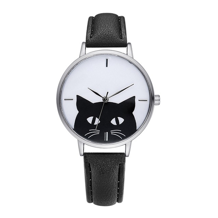 黒猫のモノトーン文字盤 シンプルかわいいデザインウォッチ ネコ[品番