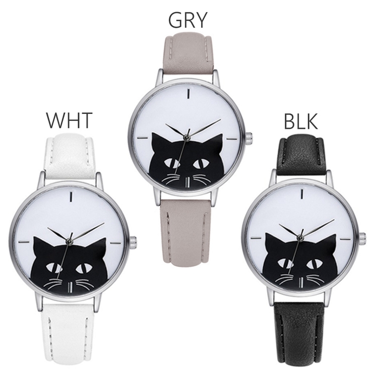 黒猫のモノトーン文字盤 シンプルかわいいデザインウォッチ ネコ[品番