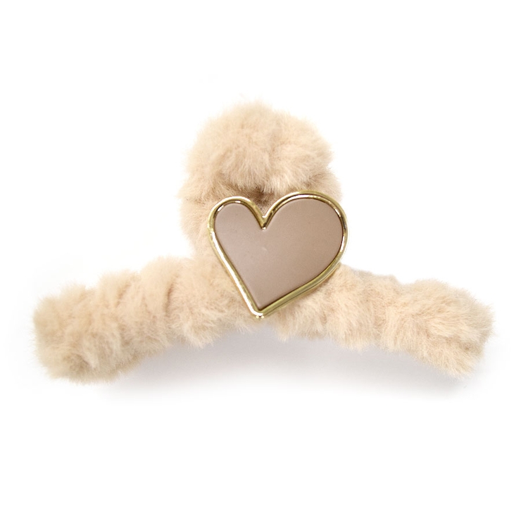 ５．ベージュ×ハート | ヘアクリップ 大きめ ファー | terracotta