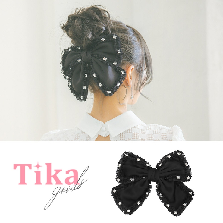 縁取りフリルレースビッグリボンバレッタ ガーリーアクセサリー ビジュー | Tika | 詳細画像1 