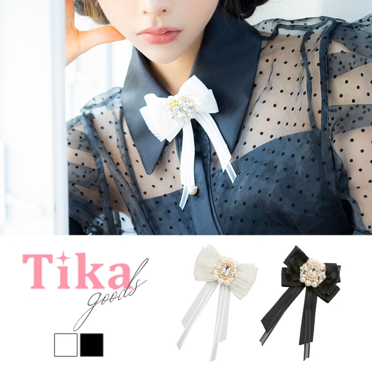 ホワイト | パールビジュモチーフレース×リボンブローチ 韓国アクセサリー キャバアクセサリー | Tika