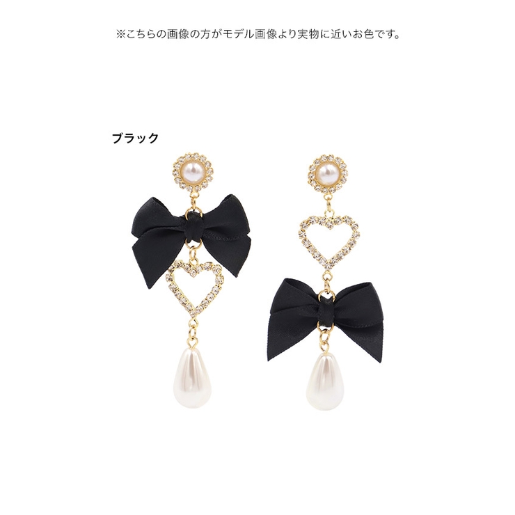 ドロップパールハートモチーフリボンピアス 韓国アクセサリー
