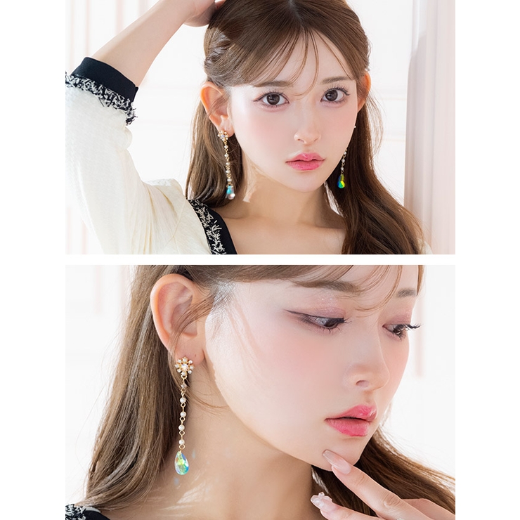 オーロラビジュー×ドロップロングピアス 韓国アクセサリー ピアス[品番 